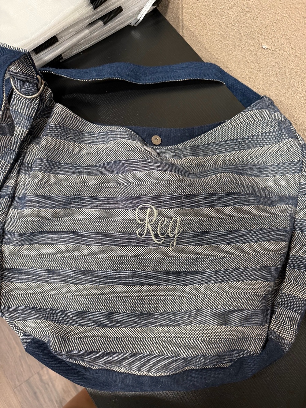 thirty-one Navy and White Striped Crossbody Tote with Monogram